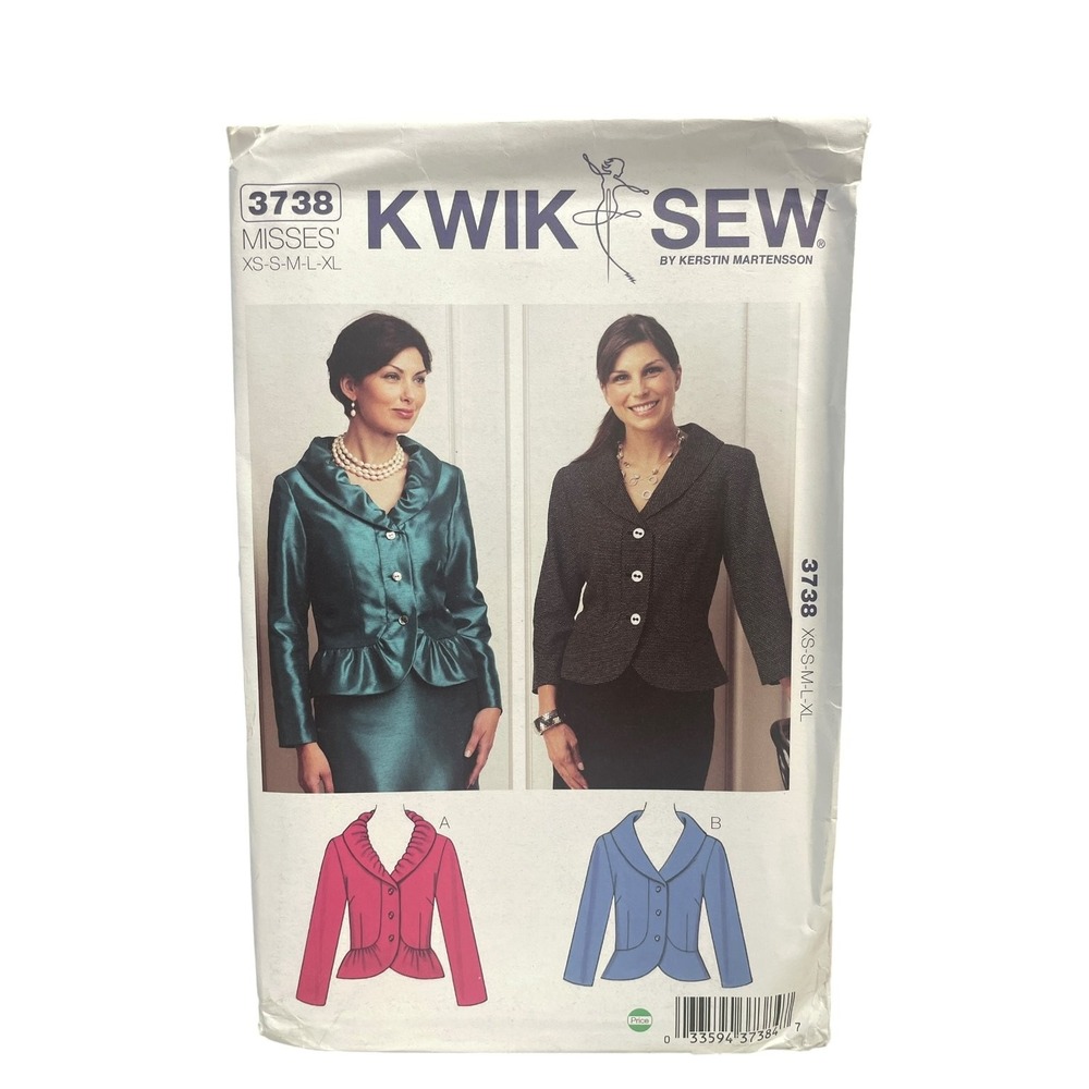 Kwik Sew 3738 Misses' Jackets XS S M L XL Fitted Peplum Shawl Collar UNCUT